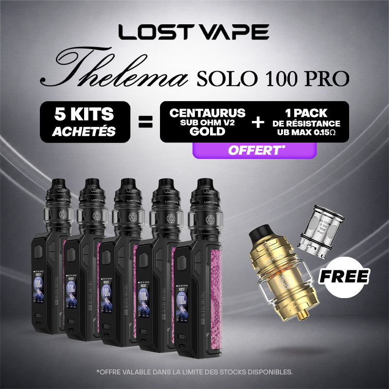 Pack Offre - Kit Thelema Solo 100 Pro avec Centaurus Sub Ohm V2 - Lost Vape 5+1 clearo + 1 pack de résistances