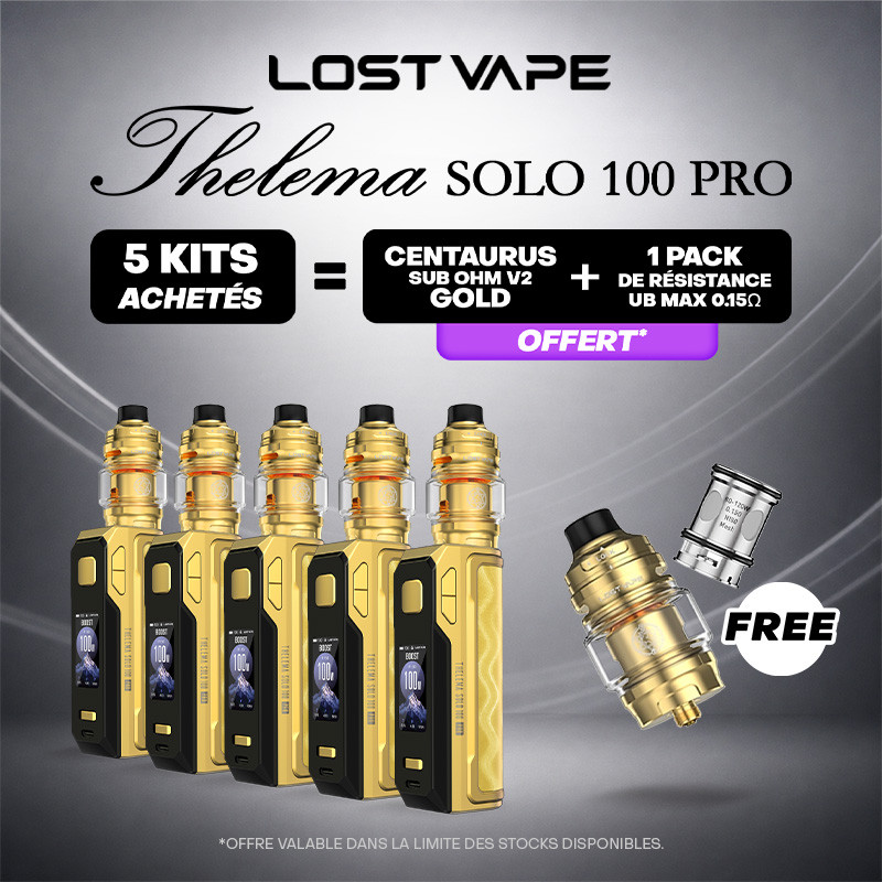 Pack Offre - Kit Thelema Solo 100 Pro avec Centaurus Sub Ohm V2 - Lost Vape 5+1 clearo + 1 pack de résistances