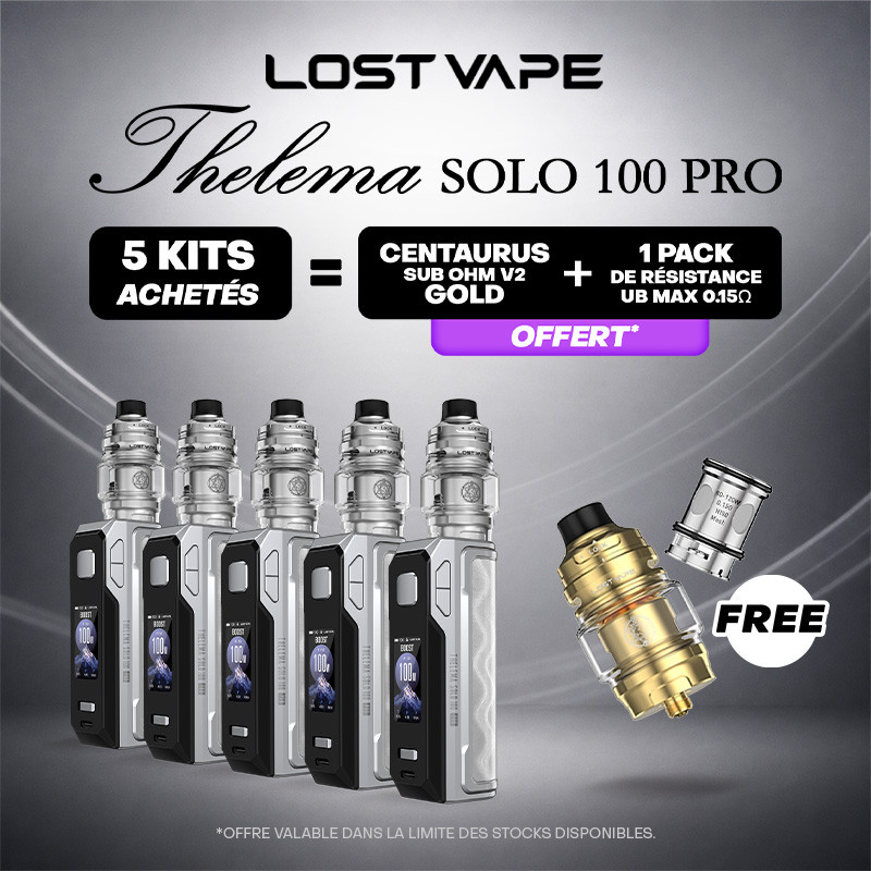 Pack Offre - Kit Thelema Solo 100 Pro avec Centaurus Sub Ohm V2 - Lost Vape 5+1 clearo + 1 pack de résistances